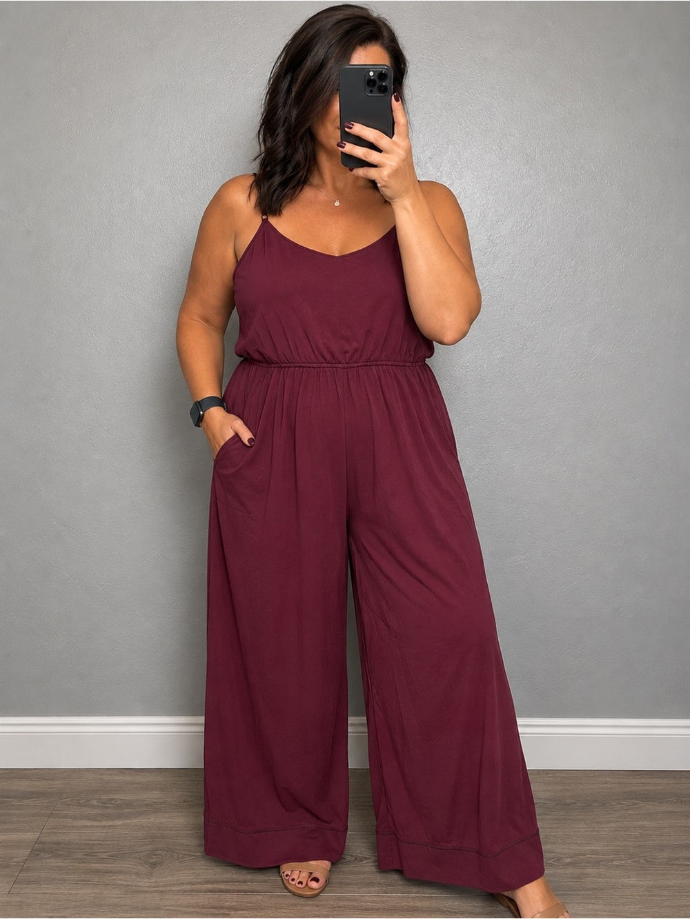 Vintage A.U.W Burgundy Wide Leg Jumpsuit XL Adjustable Straps Pockets